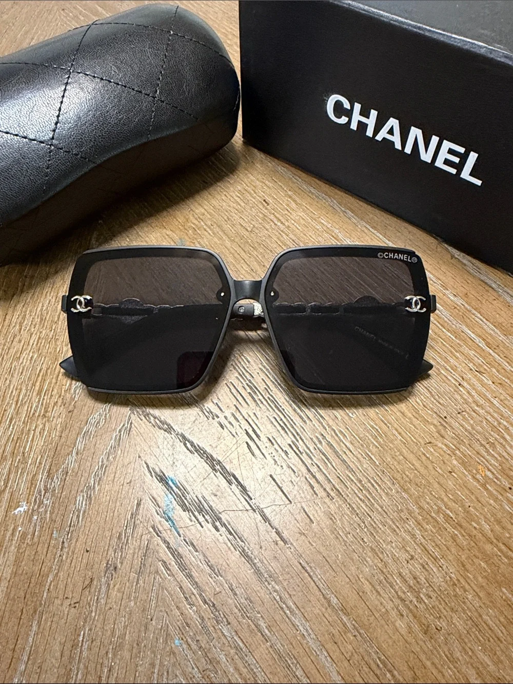 CHANEL Black Square Oversized Sunglasses with Silver CC Temples